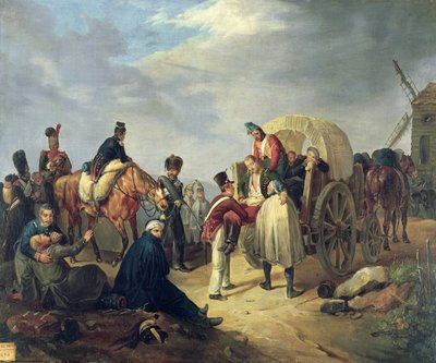 Napolyon savaşları sırasında yaralı askerlerin taşınması by French School
