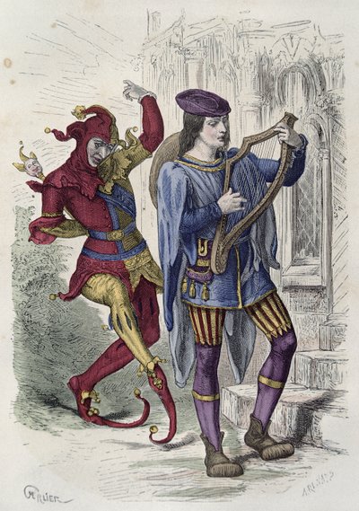 Gezici müzisyen ve saray aptal dansı (renkli gravür) by French School