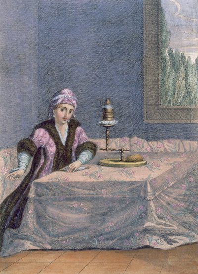 Türk kadını iplik eğirme, c.1708 by French School