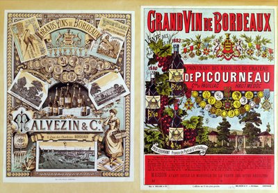 Malevezin ve Company distribütörleri ve Chateau de Picourneau bağı için Bordeaux bölgesinden, 19. yüzyılın sonlarında iki reklam by French School