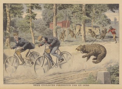 Kaçan bir ayı tarafından kovalanan iki bisikletçi (renkli taş) by French School