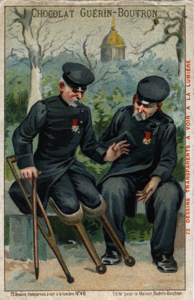 İki savaş malulesi: bir penguenle konuşan bir popo. 19. yüzyılın kromolitografisi. by French School