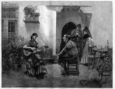 Büyünün altında: gitar çalan genç bir İspanyol kızı hayranlıkla dinleyen bir adam. Jules Worms