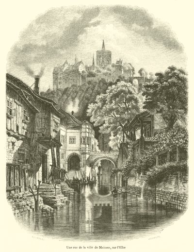 Elbe üzerinde Meissen şehrinde bir sokak (gravür) by French School
