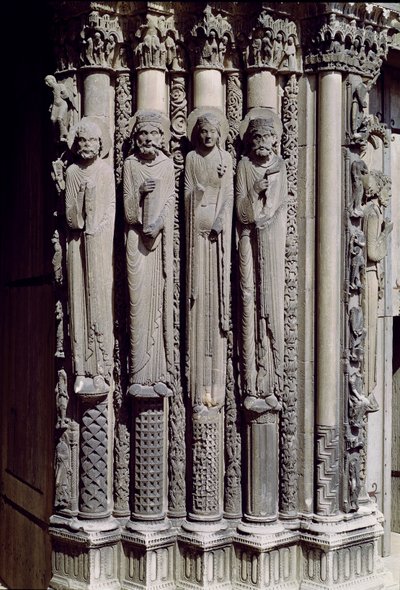Bilinmeyen figür, Kral Süleyman, Saba Kraliçesi ve Kral Davut, Kraliyet Portalından pervaz figürleri, 1140-55 by French School