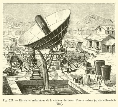 Güneş ısısının mekanik kullanımı, güneş enerjisi pompası, Mouchot-Pifre sistemi (gravür) by French School