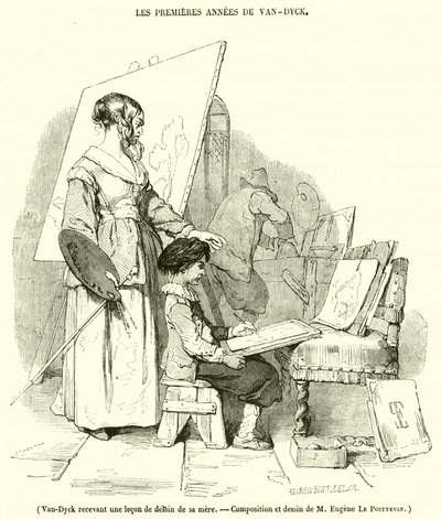 Van-Dyck annesinden çizim dersi alıyor (gravür) by French School