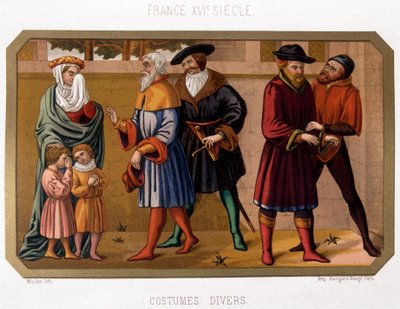 16. yüzyılda burjuvazinin çeşitli kostümleri - kromo. dönem belgesine dayalı 19. yüzyıl by French School