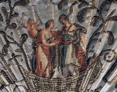 Venüs ve Juno, el yelpazesinin ipek yaprağının detayı, nakış ve payetler, gümüş şamlı deldi kemik koruma çubuğu by French School