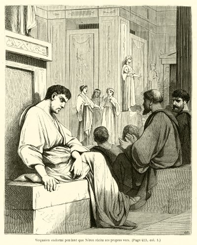 Nero kendi dizelerini okurken Vespasian uyuyor (gravür) by French School