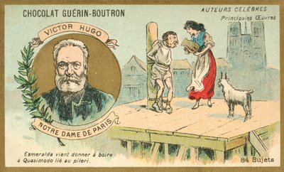 Victor Hugo, Fransız yazar ve Notre Dame de Paris (chromolitho) adlı romanından bir sahne by French School