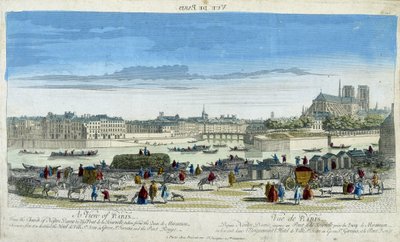 Ile St Louis rıhtımını alarak Paris ve Notre-Dame (Notre Dame) manzarası - gravür by French School
