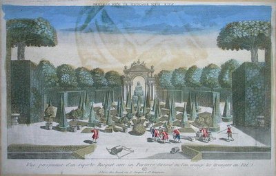 18. yüzyılın ortalarında, yazın portakal ağaçlarının çekildiği bir koru ve parterin görünümü (renkli gravür) by French School