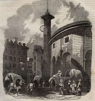 Paris'teki halle au ble (1763-1769'da inşa edilmiştir) ve Medici sütunu, 19. yüzyılın başlarında gravür - Paris'te buğday ve mısır değişimi (1763-1769'da inşa edilmiştir), 19. yüzyılın başlarında gravür - Halle au ble'ın görünümü, Mevcu by French School
