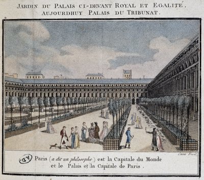 Bahçe ve yürüyüşçüler ile Kraliyet Sarayı'nın (Palais du Tribunat) görünümü by French School