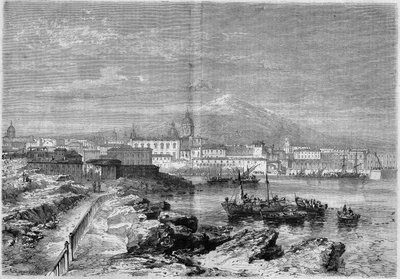 Etna yanardağının eteğinde Catania (Catania) şehrinin görünümü. Sicilya, İtalya by French School
