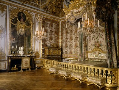 Habsburg Lorraine'li Fransa Kraliçesi Marie Antoinette'in (1755-1793) odasının görünümü. Versay, kale müzesi by French School