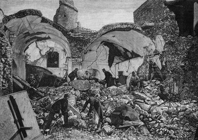 Ischia adasında (İtalya) 1881 depremi sırasında yıkılan Chiese del Purgatorio kalıntılarının görünümü. Quesnel