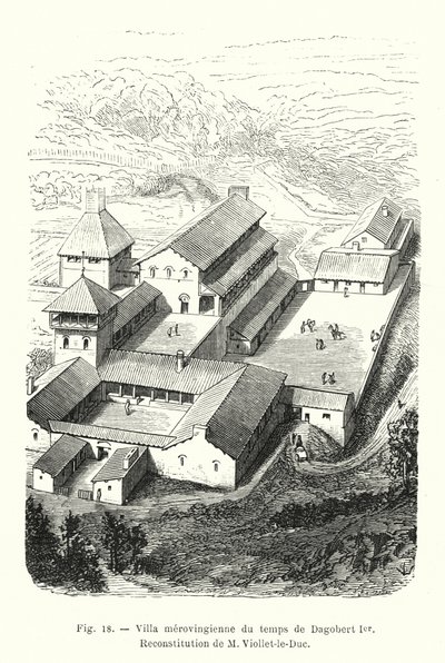 Dagobert I zamanından kalma Merovenj villası, M Viollet-le-Duc tarafından Yeniden Yapılanma (gravür) by French School
