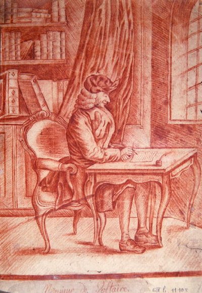Voltaire (1694-1778) çalışmasında yazıyor, c.1765-75 (kağıt üzerine kırmızı tebeşir) by French School