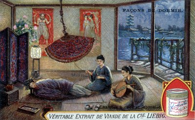 Uyumanın yolları: Japon yatak odası. Liebig ambalaj kromolitografisi. by French School