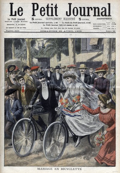 Nice belediye binasının avlusunda bisikletle düğün, 25 Nisan 1909 tarihli “Le Petit Journal”da (gravür) by French School
