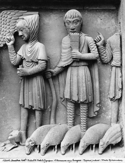 Batı portalı, Güney kapısı, Madonna ve Taht Edilen Çocuk'u tasvir eden alın, Çobanların Müjdesi, c.1145-50 (detay) by French School