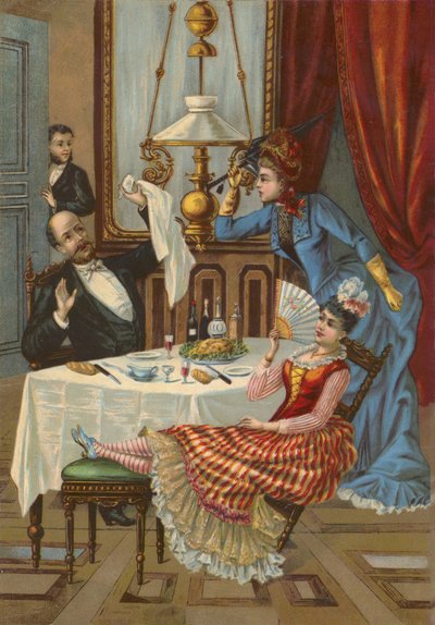 Metresini akşam yemeğinde ağırladığı için kocasını azarlayan kadın (kromolito) by French School