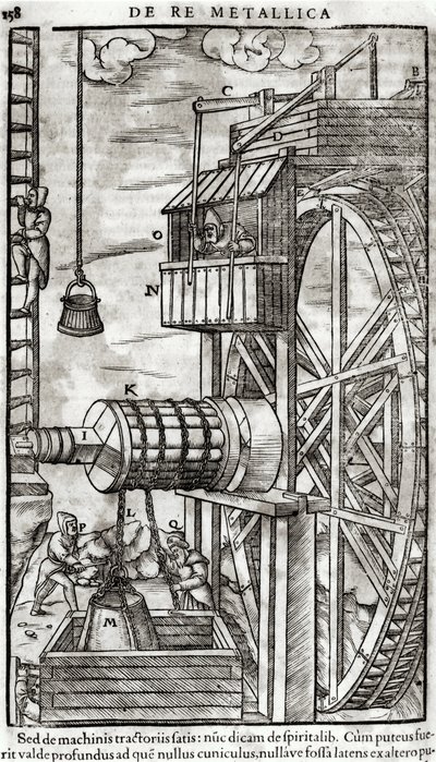 Bir madenden su almak için vinç, Agricola olarak bilinen Georg Bauer (1494-1566) tarafından De Re Metallica