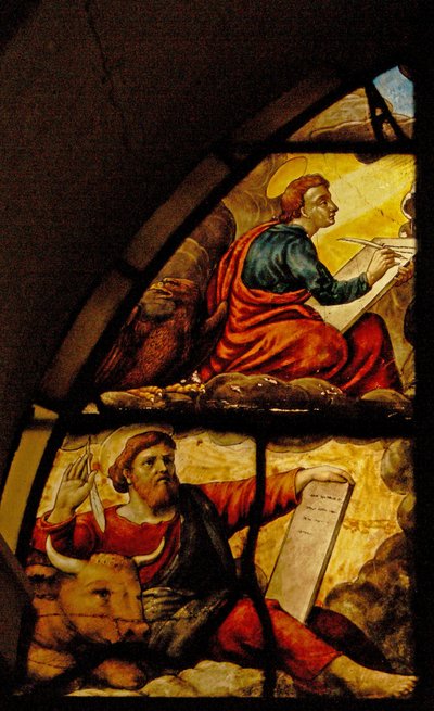 Evanjelistleri Ev Sahibinin Mucizesi ile betimleyen Pencere Charnier-2: St Luke ve St John by French School