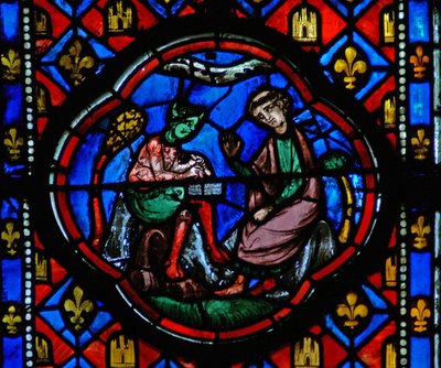Theophilus hikayesinden bir sahneyi gösteren Window Ew-R: şeytanla bir anlaşma imzalar by French School