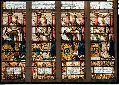 Francois de Bourbon'u (1539-92) Prens Dauphin, Rene dAnjou (1550-74) Montpensier Düşesi, Henri de Bourbon (1573-1608) Duc de Montpensier ve Catherine de Joyeuse, Guis Düşesi'ni gösteren pencere by French School