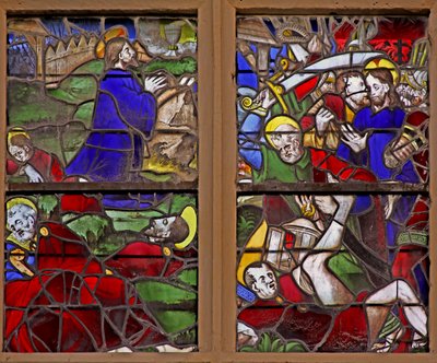 Gethsemane Bahçesindeki Acıyı gösteren w107 penceresi; Yahuda İhaneti; Aziz Peter saldırıları by French School