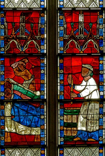 St Nicholas efsanesinden bir sahneyi betimleyen pencere w15: 3 çocuğun mucizesi: bir kasap üç çocuğu öldürür by French School