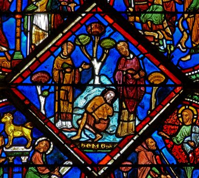 Good Samaritan penceresindeki bir sahneyi gösteren pencere w15: hacı bir rahip ve bir Levi tarafından görmezden geliniyor by French School