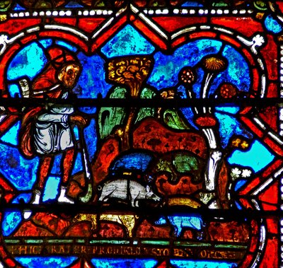Prodigal Son hikayesinden bir sahneyi gösteren w17 penceresi: domuzlara bakmak için iş bulur by French School