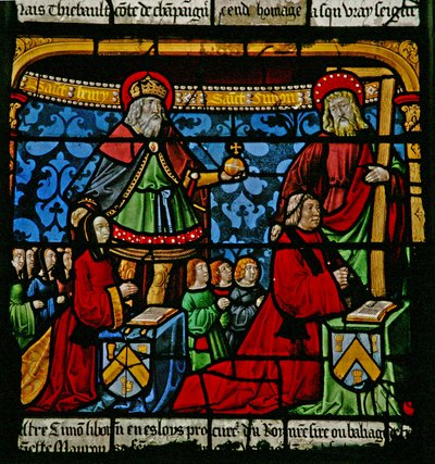 Bağışçıları gösteren w3 penceresi - Henriette de Mauroy ve Simon Liboron, çocukları ve koruyucu azizleri St Henry ve Cyrene