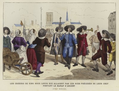 Gümüş kadehi taşıyan liderlerinin arkasından sokaklardan geçen şarap satıcıları, XIII. Louis saltanatı, 17. yüzyıl by French School