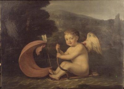 Kanatlı Aşk Tanrısı, gövdesi ve ok direği olan bir teknede yelken açıyor, c.1800 by French School