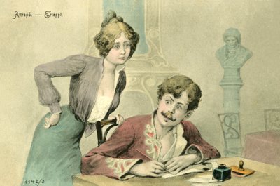 Mektup yazan bir adamı yakalayan kadın (renkli lito) by French School