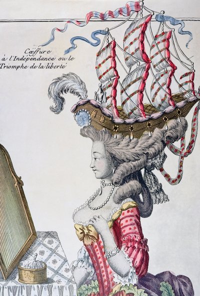 Bir saç modeli ile bir Günlük Elbiseli Kadın a la Belle Poule, Amerikan Bağımsızlık dönemi, 1779-80 by French School