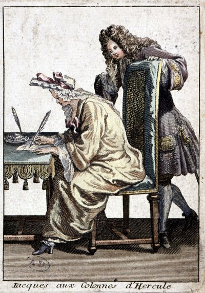 Gömlekli ve içkili kadın adamla mektup yazıyor, n.d. 1715. by French School