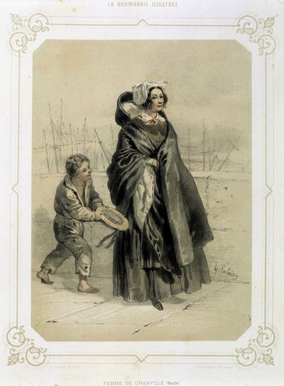 Granvilleli Kadın ve genç dilenci -“Resimli Normandiya”” litografisinde by French School