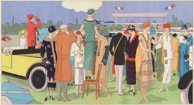 Jeanne Lanvin, Jean Patou, Premet, Georges Doeuillet gibi tasarımcıların yarışlarda kadın modası (renkli taş baskı) by French School