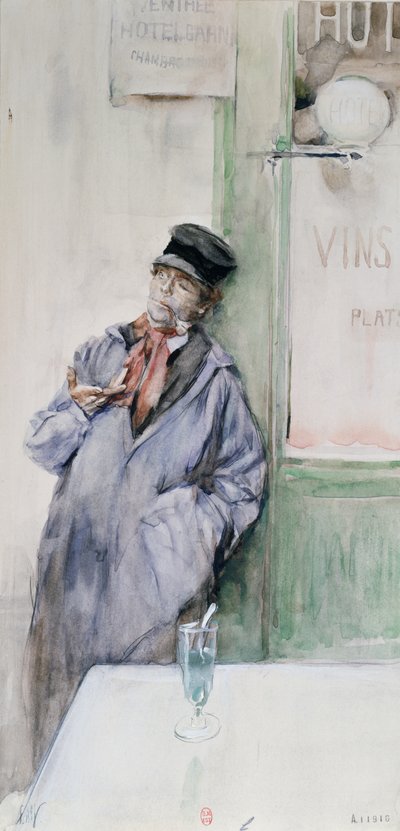 Bir bardak absinthe ile bir kafede çalışan, c.1900 (kağıt üzerinde wc) by French School