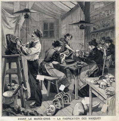 Mardi Gras festivalinin (Mardi-Gras) kılık değiştirmeleri için maske üretme atölyesi. 14/02/1897 tarihinde “” Le Petit Parisien”de by French School