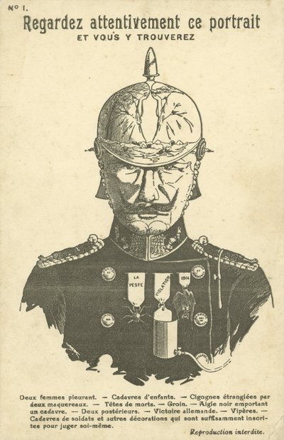 Birinci Dünya Savaşı Alman karşıtı propaganda kartpostalı (lito) by French School