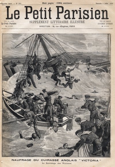 İngiliz zırhlısı "Victoria"”nın Suriye sahilinde çarpışma sonucu enkazı ve kurbanları kurtarma. 9/07/1893 tarihli “Le petit Parisien”” gazetelerinden biri (gravür) by French School