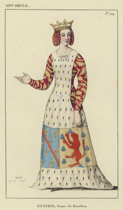 XIV Century, Beatrix, Bourbon Hanımı (renkli gravür) by French School