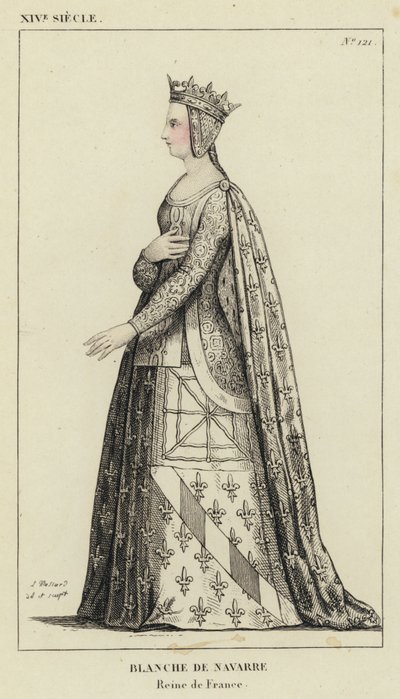 XIV Century, Blanche of Navarre, Fransa Kraliçesi (renkli gravür) by French School